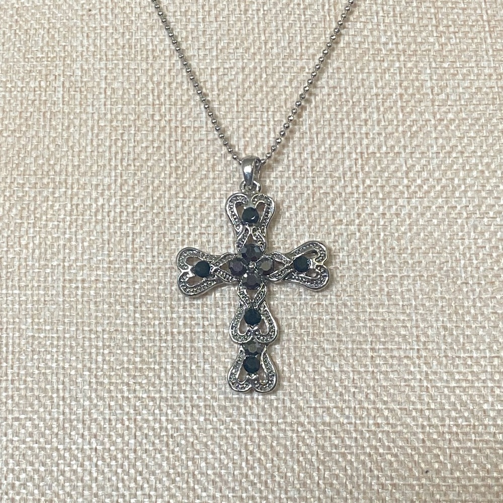 Sterling Silver Plated Cross Accented With Hematite & Onyx Gemstones